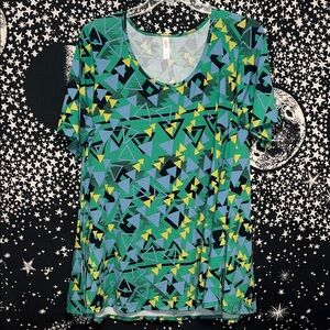 LuLaRoe Green Geometric Short Sleeve Tee with Yellow & Blue Accents